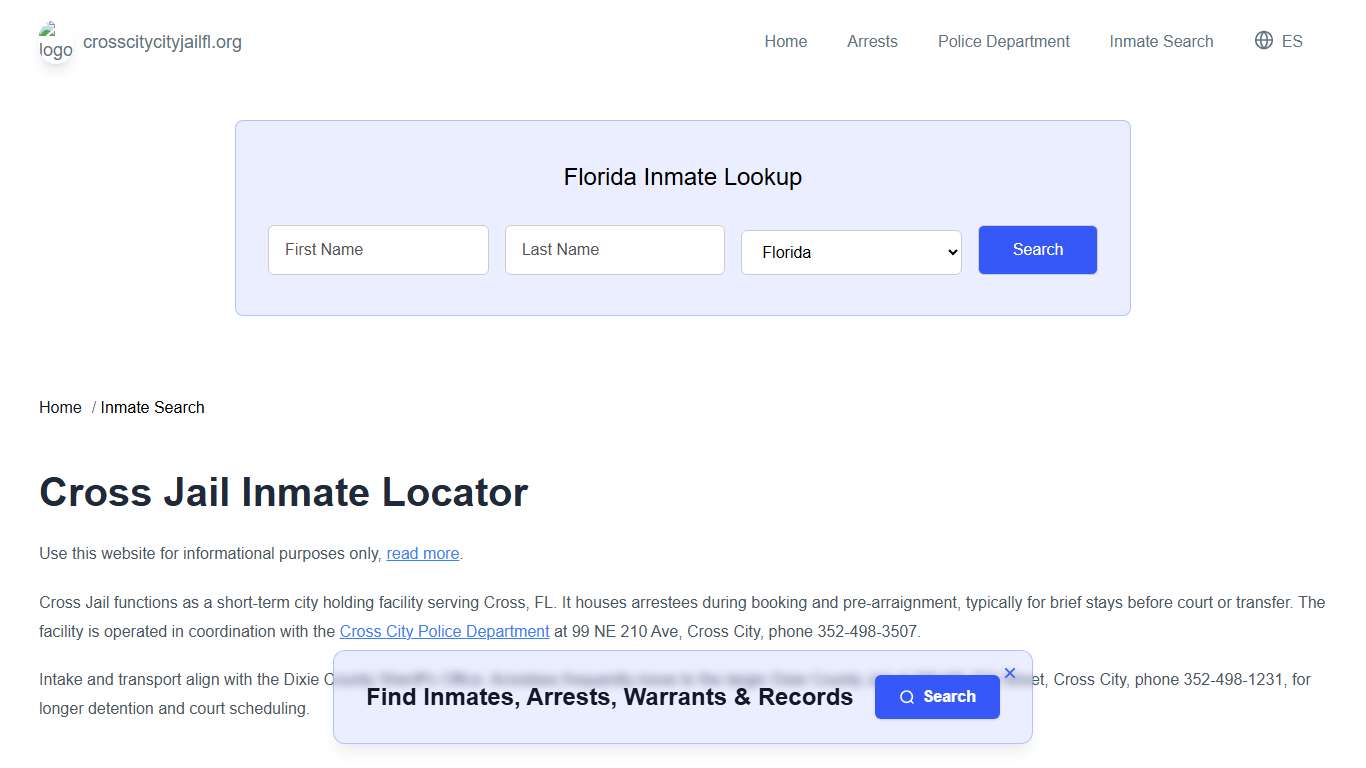 Cross, FL Municipal Jail Inmate Search
